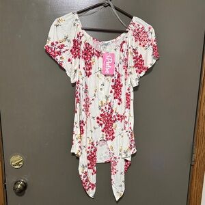 White Birch Floral Tie Front Top - White and Red